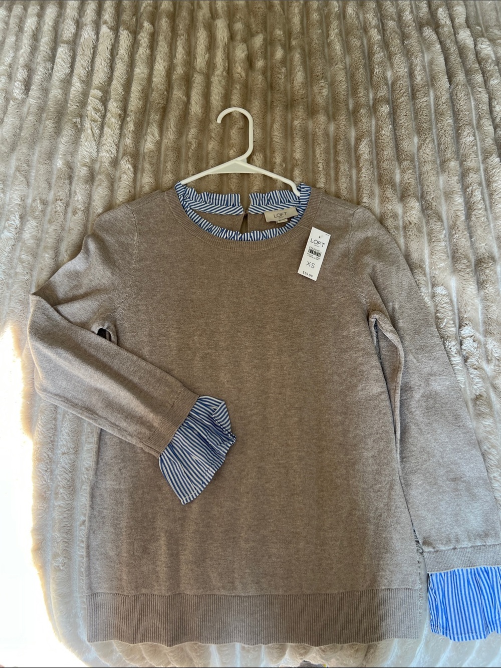 LOFT Tan Crewneck Sweater with Blue Stripe Shirt-Trim